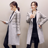 2015秋冬新款韩版修身显瘦羽绒拼接呢子大衣长袖毛呢外套女中长款