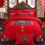 缦帛婚庆四件套全棉结婚床上用品纯棉磨毛加厚保暖大红色被套床单