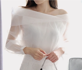 韩国代购2016春新款真丝欧根纱衬衣一字领长袖白衬衫上衣女欧洲站