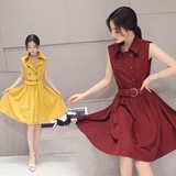 衬衫连衣裙夏季韩版中长款无袖显瘦裙子中腰修身系带新款时尚女装