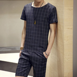 2016夏季韩版新款时尚潮男短袖T恤衫潮男青年韩版半袖格子t恤套装