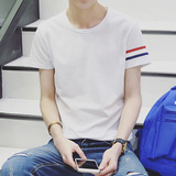 T300 2016男装夏季新款袖口双色条纹短袖T恤男士圆领上衣韩版潮流