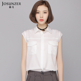 Josunzer2016夏季新品短袖女衬衫牛角袖百搭休闲简约双口袋时尚潮
