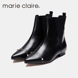 Marie Claire/MC女鞋正品舒适平底尖头女靴铆钉松紧切尔西潮短靴