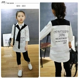 2016中大童女童衬衫 韩版童装时尚棉正版海军领休闲长袖长款衬衣