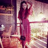 红裙子2016夏季大码女装气质中长款晚宴礼服裙度假蕾丝公主连衣裙