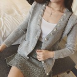 恋淑2015秋装新款女装V领韩版毛衣水钻珍珠修身长袖针织开衫外套