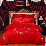 奢华婚庆全棉贡缎提花保暖四件套秋冬季大红结婚床单被套床上用品