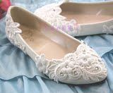 定制白色手工蕾丝花朵水钻婚鞋平跟平底伴娘鞋宴会鞋新娘鞋女单鞋