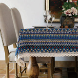 沃米兔棉麻民族风蓝色条纹花边台布餐桌布盖布茶几布防尘布订做