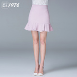 2016夏季新款纯色高腰鱼尾裙短裙荷叶边一步裙包臀裙女半身裙包裙