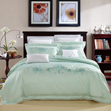 中式床上用品绣花床上四件套贡缎提花全棉家纺淡绿色小清新60支