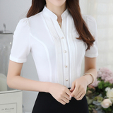 白色衬衫套装修身v领韩版显瘦职业装夏季白衬衣女短袖工作服售楼