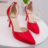 新款单鞋细跟凉鞋大红色性感婚鞋超高跟舒适串珠扣带时尚百搭女鞋