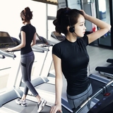 显瘦韩国夏天跑步运动套装女夏装健身房短袖运动衣修身长裤两件套
