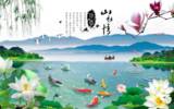 山水情风景画海报漂亮荷花背景壁画中国风喜鹊登梅仙鹤鱼鹅装饰画