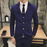 潮修身西装三件套韩版纯色西服套装男商务绅士青年工作装年会礼服