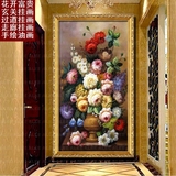 欧式手绘餐客厅玄关油画牡丹花卉美式过道走廊竖版幅壁画挂画装饰