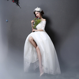 婚纱礼服2015新款秋冬韩版一字肩中袖长拖尾修身蕾丝新娘结婚纱女