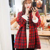 2016春装韩国红格子加绒加厚保暖衬衫女学院风中长款打底衫外套潮
