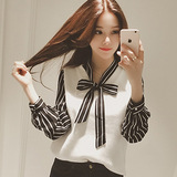 韩版女学生小衬衫衬衣领新款宽松拼接假两件套头v领时尚学院风