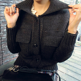 现货韩国东大门代购女装正品2015冬装新款纯色宽松翻领针织开衫gp