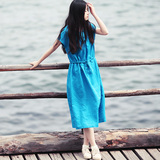 【多买多折】乐往原创设计师女装 文艺蓝亚麻舒适宽松长款连衣裙