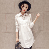 2016春装新款韩版大码中长款蕾丝拼接衬衣女宽松显瘦长袖白色衬衫