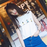 2016夏装新款韩版女装上衣学生印花宽松无袖短款打底衫卡通T恤