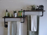 美式复古工业水管浴室卫生间毛巾架实木搁板架房间墙上置物架壁挂