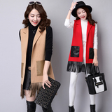 2015秋冬装新款韩版女装中长款流苏针织马夹无袖马甲开衫外套潮流