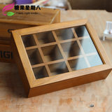zakka杂货木质复古桌面收纳盒储物盒 带印花分格玻璃盖长方形木盒