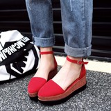 2016夏厚底松糕包头凉鞋女学生鞋韩版坡跟一字扣红色尖头高跟鞋