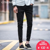 gthomme2016夏季新款男士黑色牛仔裤韩版修身小脚青年显瘦裤子男