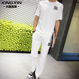 夏季韩版修身小直筒休闲裤男士短袖T恤长裤套装健身跑步运动服潮