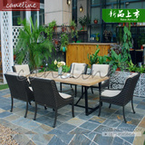 户外家具实木长方桌藤椅组合套装 欧式花园客厅长方餐桌藤编椅