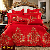 富丽棉真金时尚被套床上用品斜纹纯棉植物花卉大红双人四件套