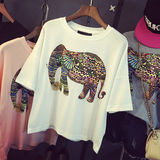 2016夏季新款韩版撞色卡通彩色大象印花宽松复古中袖T恤大码女装