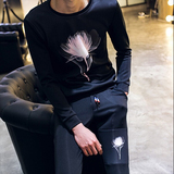 2016春季新款男士休闲运动卫衣套装 韩版修身印花圆领长袖t恤套装