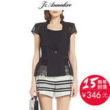 JZ旗下ANNAKRO/安娜蔻女装夏装新款修身黑色微透拼接短袖短款西装