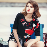 玛玛绨2016夏季卡通字母童趣贴布T恤短袖女时尚个性流苏上衣韩范