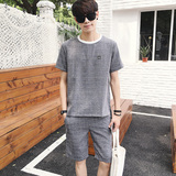 夏款韩版宽松时尚短袖套装格子运动短裤T恤套装男装潮款