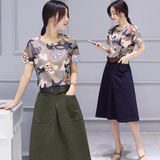 韩国东大门代购套装裙 夏季两件套a型中长款短袖夏裙迷彩蝴蝶印花