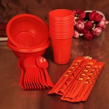 婚庆用品批发结婚婚宴必备套装一次性碗筷杯子塑料喜碗红碗红勺子