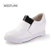 Westlink西遇2016秋季新款头层牛皮拼接套脚内增高女鞋乐福鞋白鞋