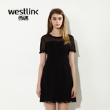 Westlink/西遇2016夏季新款 网纱拼接流苏短袖套头中长款连衣裙