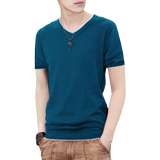 夏季男士短袖T恤韩版V领修身毛衣纯色线衫拼接针织衫薄款男装上衣