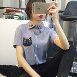 少女韩版2016夏季新款条纹短袖衬衫女棉麻宽松开衫休闲学生衬衣潮