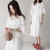 夏季甜美少女小清新日系蕾丝连衣裙夏中袖韩版仙女可爱白色裙子潮
