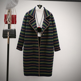 2016春季新款韩国单西装领条纹羊毛大衣女中长款针织毛衣外套开衫